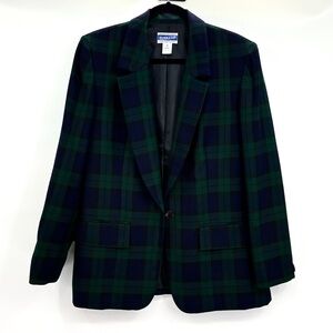 Pendleton Women’s Tartan Plaid Green Blue Wool Single Button Blazer Jacket 8